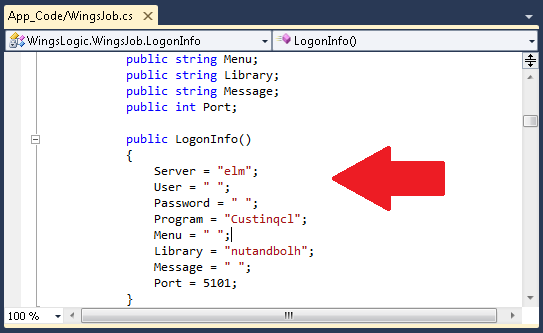 WingsJob.cs with variable settings shown